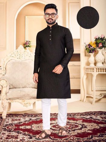 NEW ARRIVAL JACQUARD WEAVING BUTTI WORK MEN'S KURTA PAYJAMA BLACK