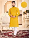 NEW ARRIVAL JACQUARD WEAVING BUTTI WORK MEN'S KURTA PAYJAMA YELLOW