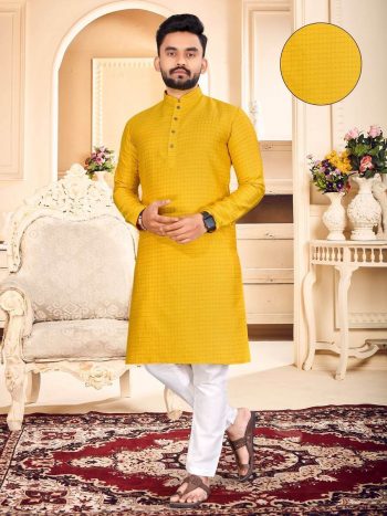NEW ARRIVAL JACQUARD WEAVING BUTTI WORK MEN'S KURTA PAYJAMA YELLOW