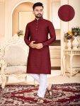 NEW ARRIVAL JACQUARD WEAVING BUTTI WORK MEN'S KURTA PAYJAMA MAROON