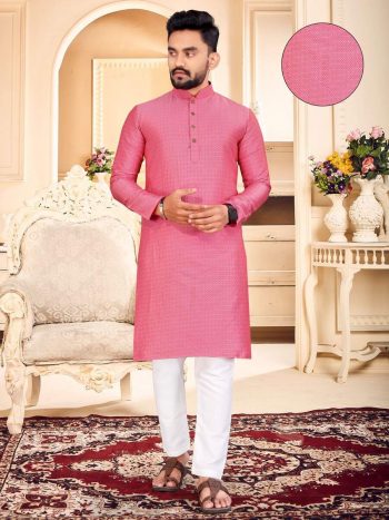 NEW ARRIVAL JACQUARD WEAVING BUTTI WORK MEN'S KURTA PAYJAMA PINK