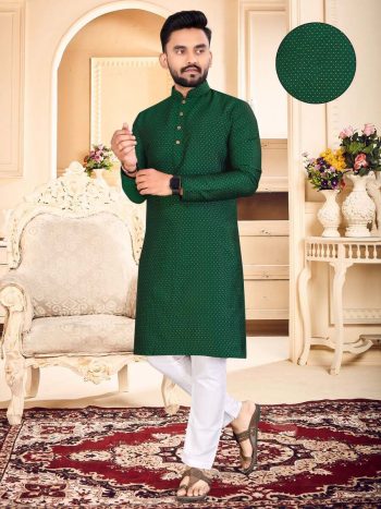 NEW ARRIVAL JACQUARD WEAVING BUTTI WORK MEN'S KURTA PAYJAMA GREEN