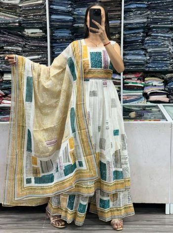 NEW ARRIVAL LINEN COTTON DIGITAL PRINTED TOP PALAZZO WITH DUPATTA SKY