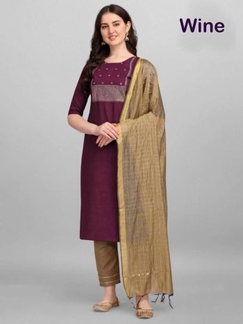 NEW ARRIVAL MAGIC COTTON EMBROIDERY ZARI AND SEQUENCE WORK TOP BOTTOM DUPATTA  WINE