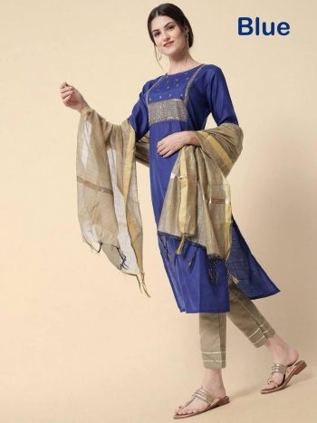 NEW ARRIVAL MAGIC COTTON EMBROIDERY ZARI AND SEQUENCE WORK TOP BOTTOM DUPATTA  BLUE
