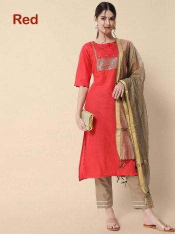 NEW ARRIVAL MAGIC COTTON EMBROIDERY ZARI AND SEQUENCE WORK TOP BOTTOM DUPATTA  RED