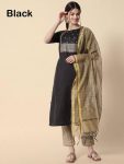 NEW ARRIVAL MAGIC COTTON EMBROIDERY ZARI AND SEQUENCE WORK TOP BOTTOM DUPATTA  BLACK