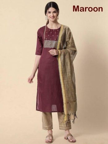 NEW ARRIVAL MAGIC COTTON EMBROIDERY ZARI AND SEQUENCE WORK TOP BOTTOM DUPATTA  MAROON