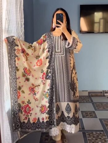 NEW ARRIVAL MUSLIN COTTON DIGITAL PRINT WITH REAL MIRROR HANDWORK  AND STONE WORK TOP BOTTOM WITH DUPATTA CREAM
