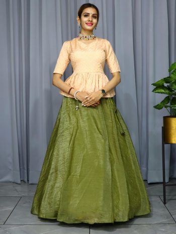 NEW ARRIVAL CRUSH SILK PLAIN LEHENGA WITH STITCHED TOP  MEHNDI