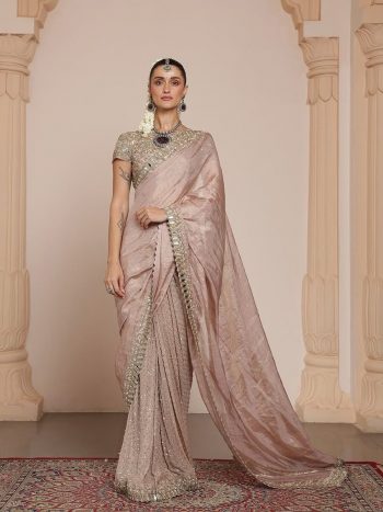 NEW ARRIVAL PLATINUM CRUSH ZARI DORI AND THREAD EMBROIDRY WIRH REAL MIRROR WORK SAREE WITH UNSTITCHED BLOUSE PEACH