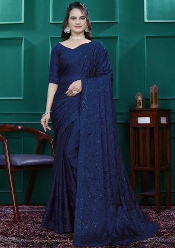 NEW ARRIVAL RANGOLI SILK EMBROIDERY MULTI SEQUENCE CUT WORK READY TO WEAR SAREE WITH UNSTITCHED BLOUSE BLUE