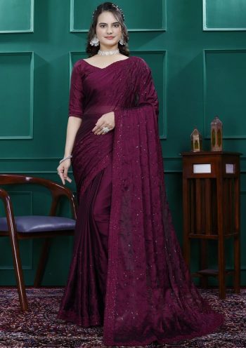 NEW ARRIVAL RANGOLI SILK EMBROIDERY MULTI SEQUENCE CUT WORK READY TO WEAR SAREE WITH UNSTITCHED BLOUSE WINE
