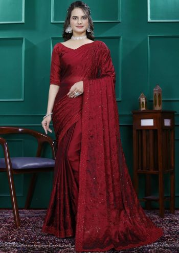 NEW ARRIVAL RANGOLI SILK EMBROIDERY MULTI SEQUENCE CUT WORK READY TO WEAR SAREE WITH UNSTITCHED BLOUSE MAROON