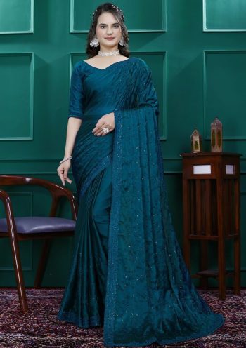 NEW ARRIVAL RANGOLI SILK EMBROIDERY MULTI SEQUENCE CUT WORK READY TO WEAR SAREE WITH UNSTITCHED BLOUSE TEAL