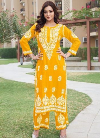 NEW ARRIVAL RAYON CHIKANKARI WORK KURTI WITH PALAZZO SET YELLOW
