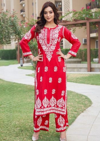 NEW ARRIVAL RAYON CHIKANKARI WORK KURTI WITH PALAZZO SET RED