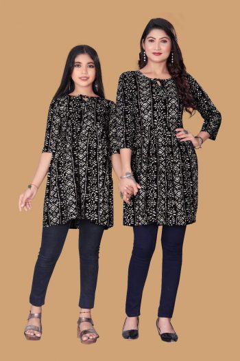 NEW ARRIVAL RAYON PRINTED KURTI MOTHER DAUGHTER COMBO BLACK