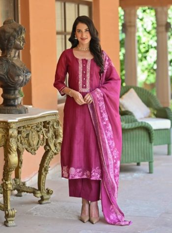 NEW ARRIVAL RAYON SLUB PRINTED EMBROIDERY WORK TOP BOTTOM WITH DUPATTA PINK