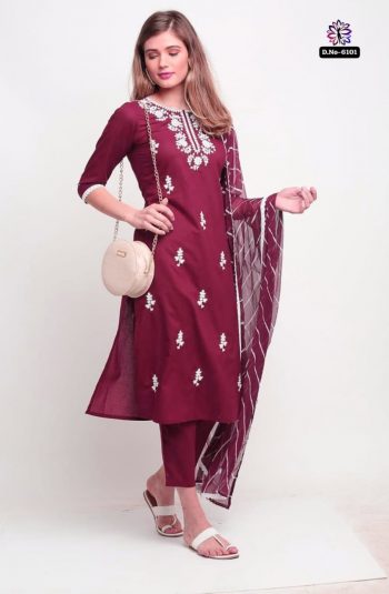 NEW ARRIVAL RAYON SLUB THREAD EMBROIDERY WORK TOP BOTTOM WITH DUPATTA WINE