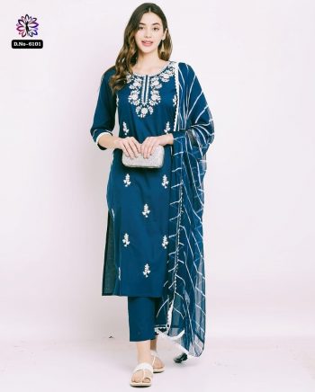 NEW ARRIVAL RAYON SLUB THREAD EMBROIDERY WORK TOP BOTTOM WITH DUPATTA RAMA