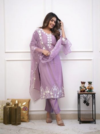 NEW ARRIVAL ROMAN SILK EMBROIDERY WORK TOP BOTTOM WITH DUPATTA  LAVENDER