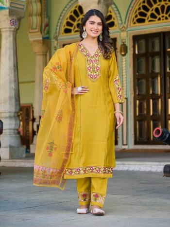 NEW ARRIVAL ROMAN SILK EMBROIDERY WORK TOP BOTTOM WITH DUPATTA MUSTARD