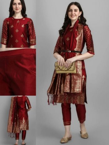 NEW ARRIVAL SILK BLEND JACQUARD WORK TOP BOTTOM WITH DUPATTA  MAROON