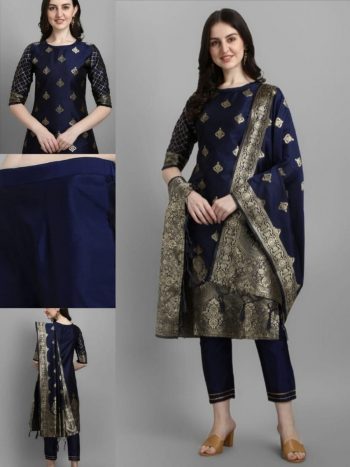 NEW ARRIVAL SILK BLEND JACQUARD WORK TOP BOTTOM WITH DUPATTA  NAVY BLUE