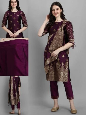 NEW ARRIVAL SILK BLEND JACQUARD WORK TOP BOTTOM WITH DUPATTA  WINE