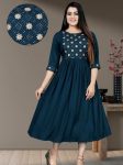 NEW ARRIVAL SLUB RAYON EMBROIDERY WORK ONLY KURTI  TEAL