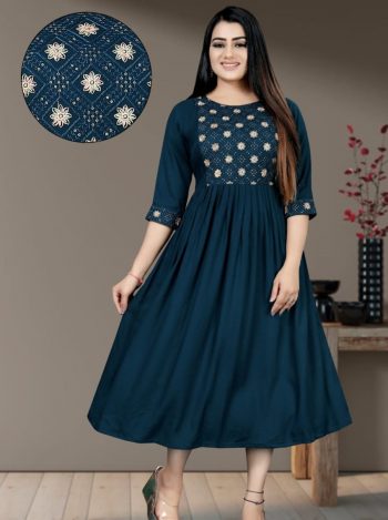 NEW ARRIVAL SLUB RAYON EMBROIDERY WORK ONLY KURTI  TEAL