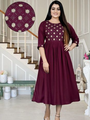 NEW ARRIVAL SLUB RAYON EMBROIDERY WORK ONLY KURTI  WINE