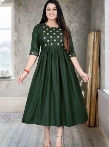 NEW ARRIVAL SLUB RAYON EMBROIDERY WORK ONLY KURTI  GREEN