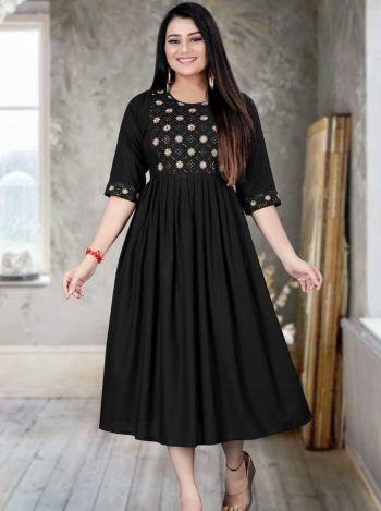 NEW ARRIVAL SLUB RAYON EMBROIDERY WORK ONLY KURTI  BLACK