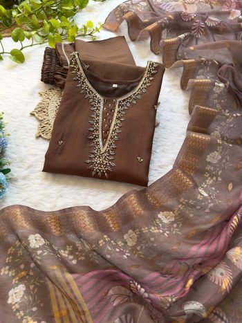 NEW ARRIVAL VATICAN SILK HANDWORK SEQUENCE THREAD  WORK TOP BOTTOM WITH DUPATTA  CHIKU