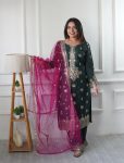 NEW ARRIVAL VICHITRA SILK EMBROIDERY SEQUENCE WORK TOP PALAZZO WITH DUPATTA  GREEN