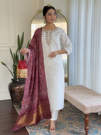 NEW ARRIVAL VISCOSE CHANDERI SEQUENCE CODING EMBROIDERY WORK  TOP BOTTOM WITH DUPATTA  WHITE