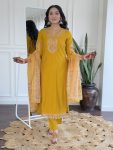 NEW ARRIVAL VISCOSE CHANDERI SEQUENCE EMBROIDERY WORK TOP BOTTOM WITH DUPATTA YELLOW