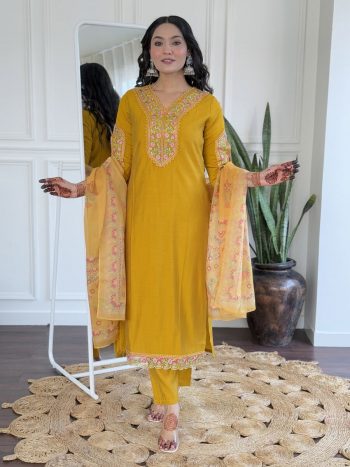NEW ARRIVAL VISCOSE CHANDERI SEQUENCE EMBROIDERY WORK TOP BOTTOM WITH DUPATTA YELLOW