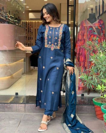 NEW ARRIVAL VISCOSE CHANDERI SILK EMBROIDERY SEQUENCE CODING WORK TOP BOTTOM WITH DUPATTA NAVY BLUE
