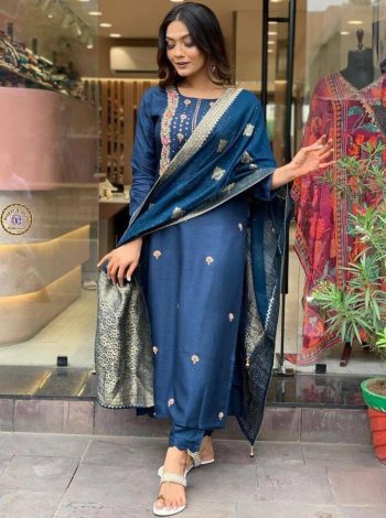 NEW ARRIVAL VISCOSE RAYON EMBROIDERY WORK TOP BOTTOM WITH DUPATTA NAVYBLUE