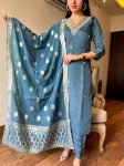 NEW ARRIVAL VISCOSE ROMAN SILK   HAND EMBROIDERY AND ZARI WEAVING WORK TOP BOTTOM WITH DUPATTA SKY