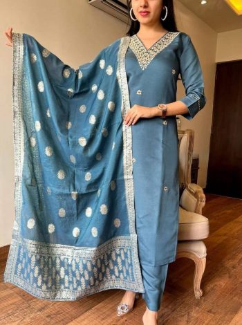 NEW ARRIVAL VISCOSE ROMAN SILK   HAND EMBROIDERY AND ZARI WEAVING WORK TOP BOTTOM WITH DUPATTA SKY
