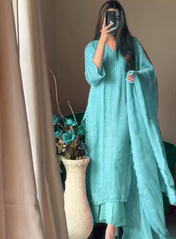 RICH LOOK CHINON COTTON THREAD EMBROIDERY WORK WITH GPO LACE WORK TOP BOTTOM WITH DUPATTA SKY