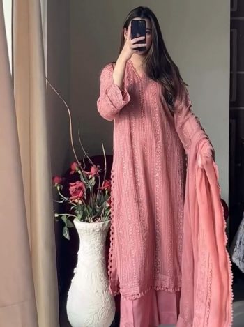 RICH LOOK CHINON COTTON THREAD EMBROIDERY WORK WITH GPO LACE WORK TOP BOTTOM WITH DUPATTA PEACH