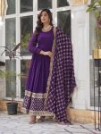 RICH LOOK FAUX BLOOMING EMBROIDERY ZARI SEQUENCE WORK GOWN WITH DUPATTA  PURPLE