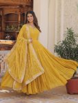 RICH LOOK GEORGETTE EMBROIDERY WORK GOWN WITH DUPATTA  YELLOW