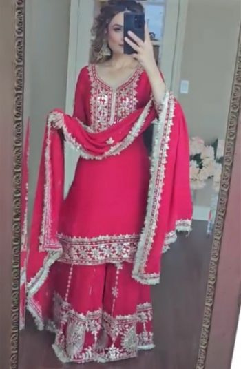 RICH LOOK GEORGETTE EMBROIDERY SEQUENCE WORK TOP PALAZZO WITH DUPATTA PINK