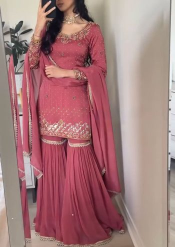 RICH LOOK GOLD CRUSH EMBROIDERY SEQUENCE BEADS WORK TOP SHARARA WITH DUPATTA PINK